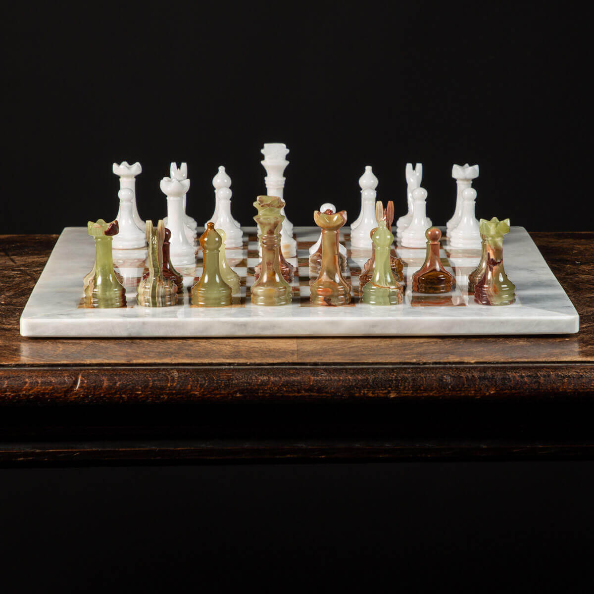 Jeu D’échecs Ancien Avec échiquier En Marbre Jaune – Pour 2 Joueurs – Vintage Déco